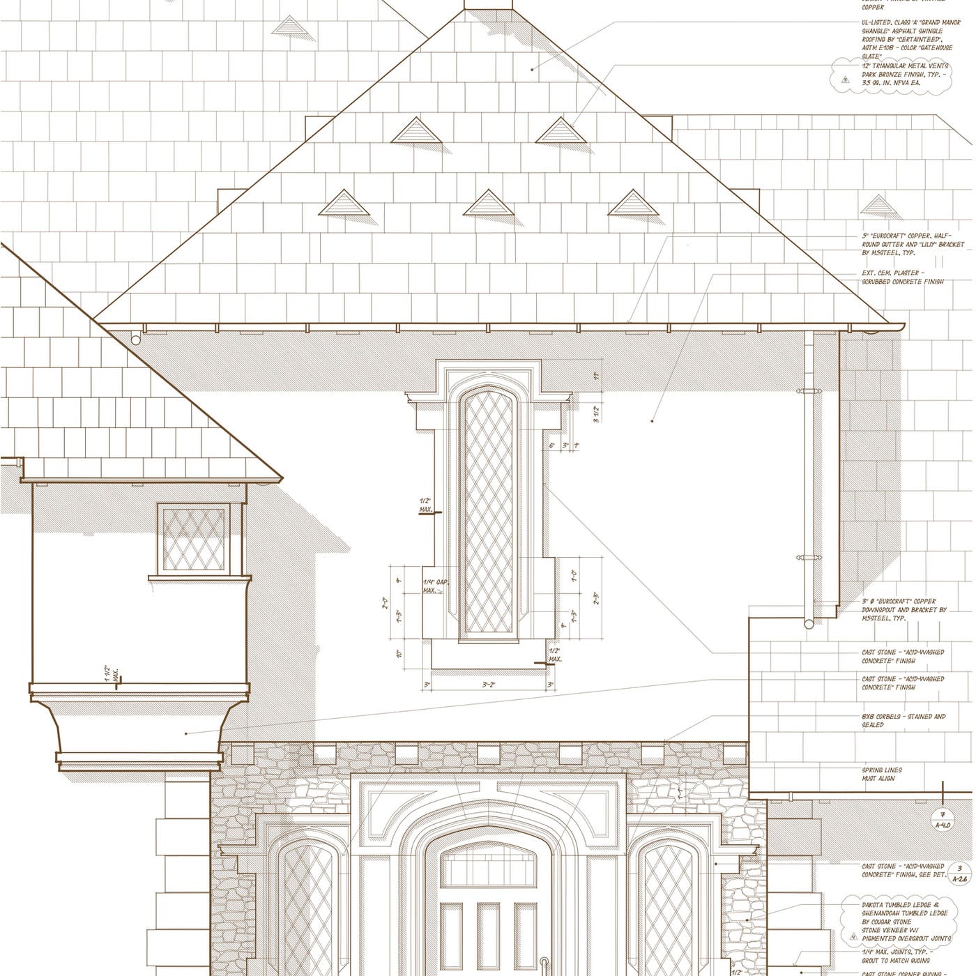 Hand-drawn architectural elevation by Donald Callahan Bryan — shingled residence with stonework, tracery window and arched entry